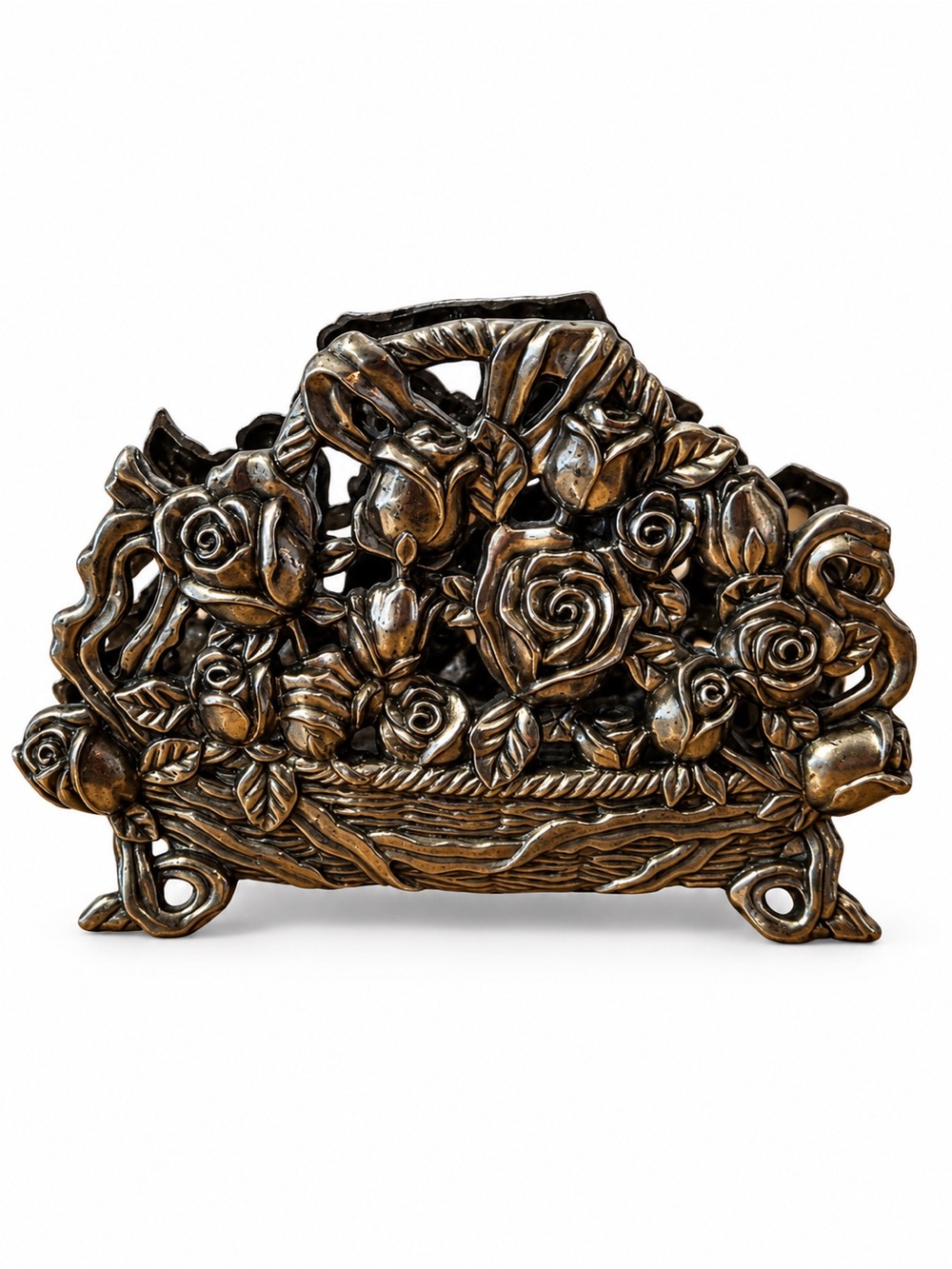 Ornate Bronze-Tone Rose Napkin Holder